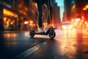 joven hombre paseo eléctrico scooter. generar ai foto