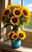 Sunflower bouquet arranged in a rustic vase on a sunlit windowsill photo