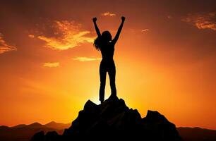 Silhouette of a woman on top of a mountain with both arms raised. AI Generated photo