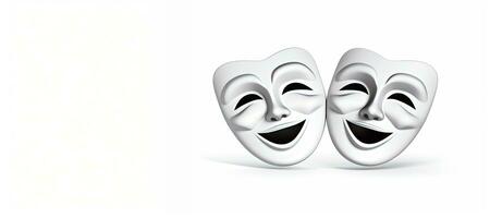 Two comedy masks side by side isolated on white with copy space. AI Generated photo