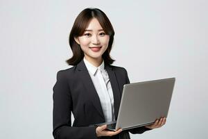 Young asian businesswoman holding a laptop computer isolated on white. AI Generated photo