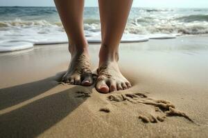 pies en el playa. relajación, vacaciones, y romance concepto. ai generado foto