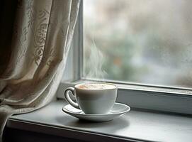 A cup of coffee on a windowsill during winter. Warmth and cozy concept. AI Generated photo
