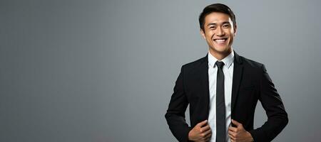 Young Malay businessman wearing suit on gray copy space. AI Generated photo