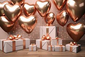 rose gold heart-shaped balloons and gift boxes on a wooden floor. AI Generated photo