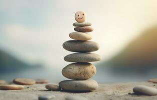 Smiley face on top of stack of stones. Stability and balance concept. AI Generated photo