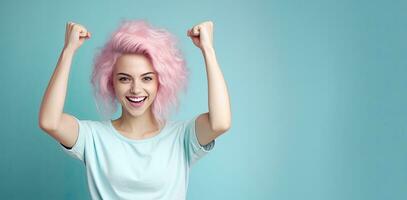 young woman raising her arms in a victory pose isolated on blue, AI Generated photo