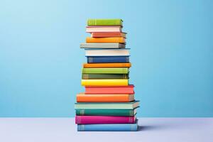 Stack of colorful books on blue background. Education and knowledge. AI Generated photo