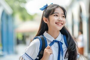 niña en colegio uniforme con paquete de bolsas. ai generado foto