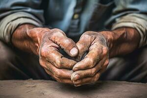 manos de un antiguo hombre. pobreza, privación, y dificil concepto. ai generado foto
