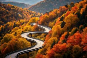 aéreo ver de devanado la carretera con otoño bosque. ai generado foto