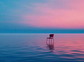 un silla en el mar a puesta de sol. soledad y unidad con naturaleza concepto. ai generado foto