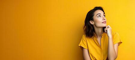 Young woman thinking while looking away on a yellow background, with copy space. AI Generated photo