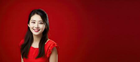 A young Chinese woman in a red dress on a red copy space. AI Generated photo