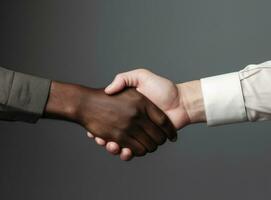 two hands of different skin tones shaking, unity and diversity concept. AI Generated photo