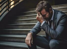 A stress unemployed man sitting on stairs. Unemployment concept. AI Generated photo