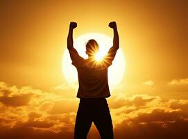 silhouette of a man with arms raised. Victory and success concept. AI Generated photo