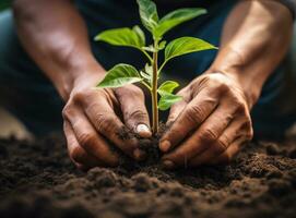 manos plantando un pequeño árbol joven en el suelo. ai generado foto