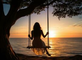 A disabled woman with amputee on swing at sunset. Disability concept. AI Generated photo