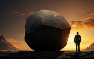 Businessman standing in front of a large boulder. Challenge concept. AI Generated photo