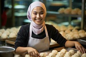 un malayo musulmán panadero mujer trabajando a un panadería. ai generado foto