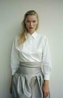 A blonde woman in a white blouse and grey skirt, isolated. AI Generated photo