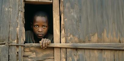 un joven africano chico mirando fuera de el ventana. pobreza concepto. ai generado foto