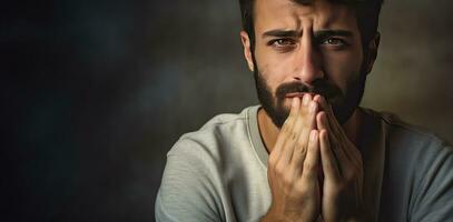 Sad man mourning on dark background. Sadness, grief and loss concept. AI Generated photo