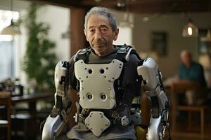 Disabled senior man wearing an exoskeleton suit. AI Generated photo