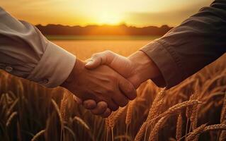 Two hands shaking in a wheat field during sunset. AI Generated photo