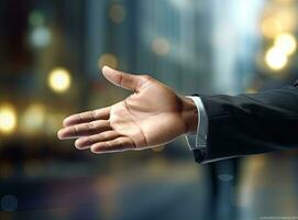 Businessman extended his hand in a handshake gesture. Business concept. AI Generated photo