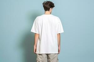 Back view of a man in a baggy white t-shirt isolated. Mockup concept. AI Generated photo