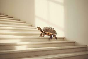 A tortoise making its way up the staircase. Determination concept. AI Generated photo