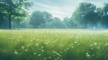 Beautiful spring meadow with green grass and dandelion flowers. AI Generated photo