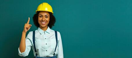 smiling african american female construction worker in yellow helmet pointing up with copy space. AI Generated photo