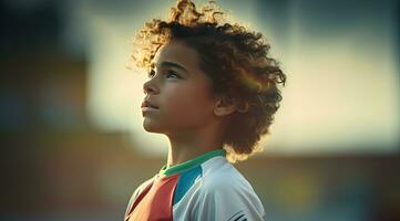 un africano americano chico futbolista mirando lejos. ai generado foto