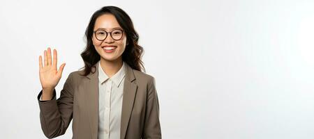 joven asiático mujer de negocios vistiendo lentes con Copiar espacio. ai generado foto