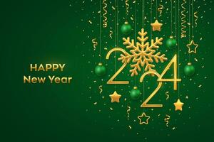 Happy New 2024 Year. Hanging Golden metallic numbers 2024 with shining snowflake and confetti on green background. New Year greeting card or banner template. Holiday decoration. Vector illustration.