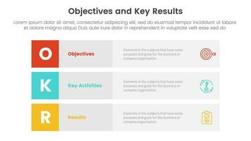 okr objectives and key results infographic 3 point stage template with 3 block row rectangle content concept for slide presentation vector