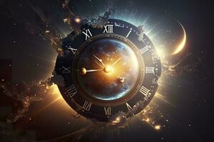 clock in space, time concept. Generative AI photo