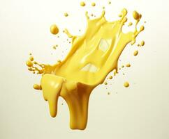 Cheese sauce splashing in the air with cheddar cheese, 3d rendering. Generative AI photo