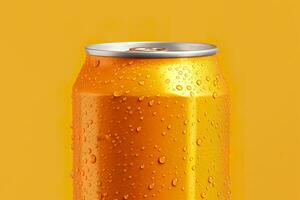 Can of fresh soda with water drops on orange background, closeup. Generative AI photo