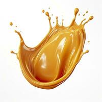 Caramel sauce, Liquid syrup splash, sugar candy caramel or melted toffee, 3d. Generative AI photo
