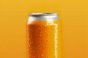 Can of fresh soda with water drops on orange background, closeup. Generative AI photo