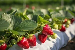 Bush of ripe organic strawberries in the garden. Berry closeup. Generative AI photo