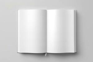 Blank opened book mockup, top view, isolated on white background. Generative AI photo