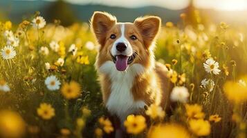 Charming corgi dog with flowers in the spring. Generative AI photo
