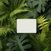 Blank business card on green leaves background. Generative AI photo