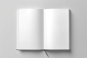 Blank opened book mockup, top view, isolated on white background. Generative AI photo