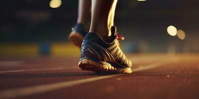 corredor pies corriendo en un estadio, de cerca en pies, Deportes fondo, espacio para Copiar, ai generativo foto